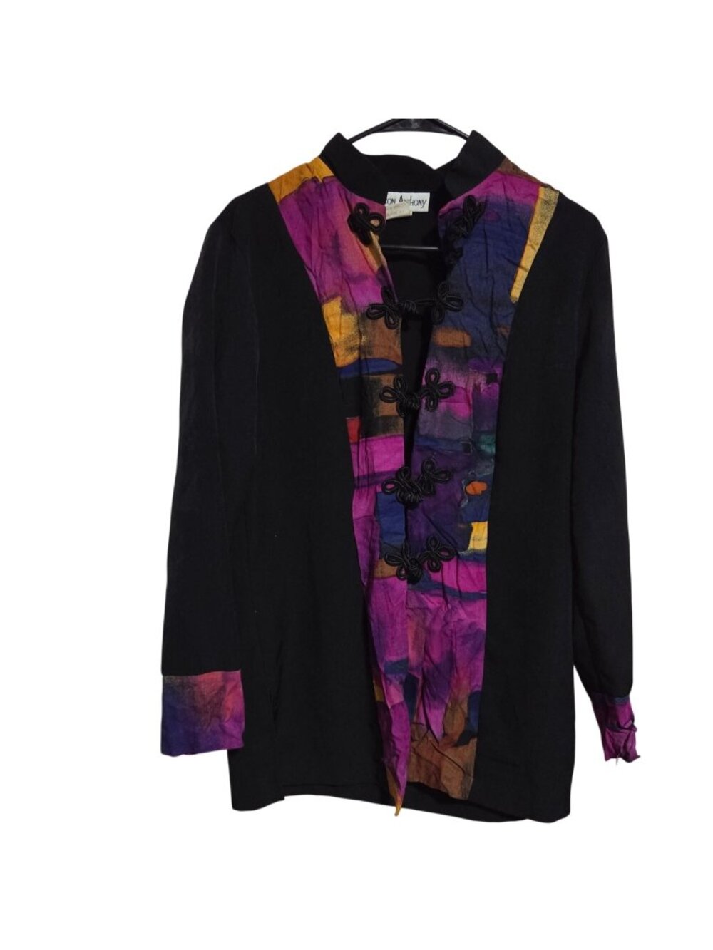 Vintage Sharon Anthony Jacket Size 8 Black Multicolor Abstract Frog Button